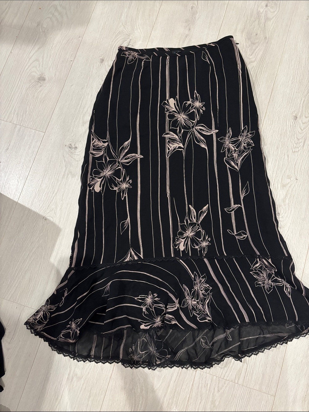 Black Floral Maxi Skirt with Pink Stripes and Ruffle Hem